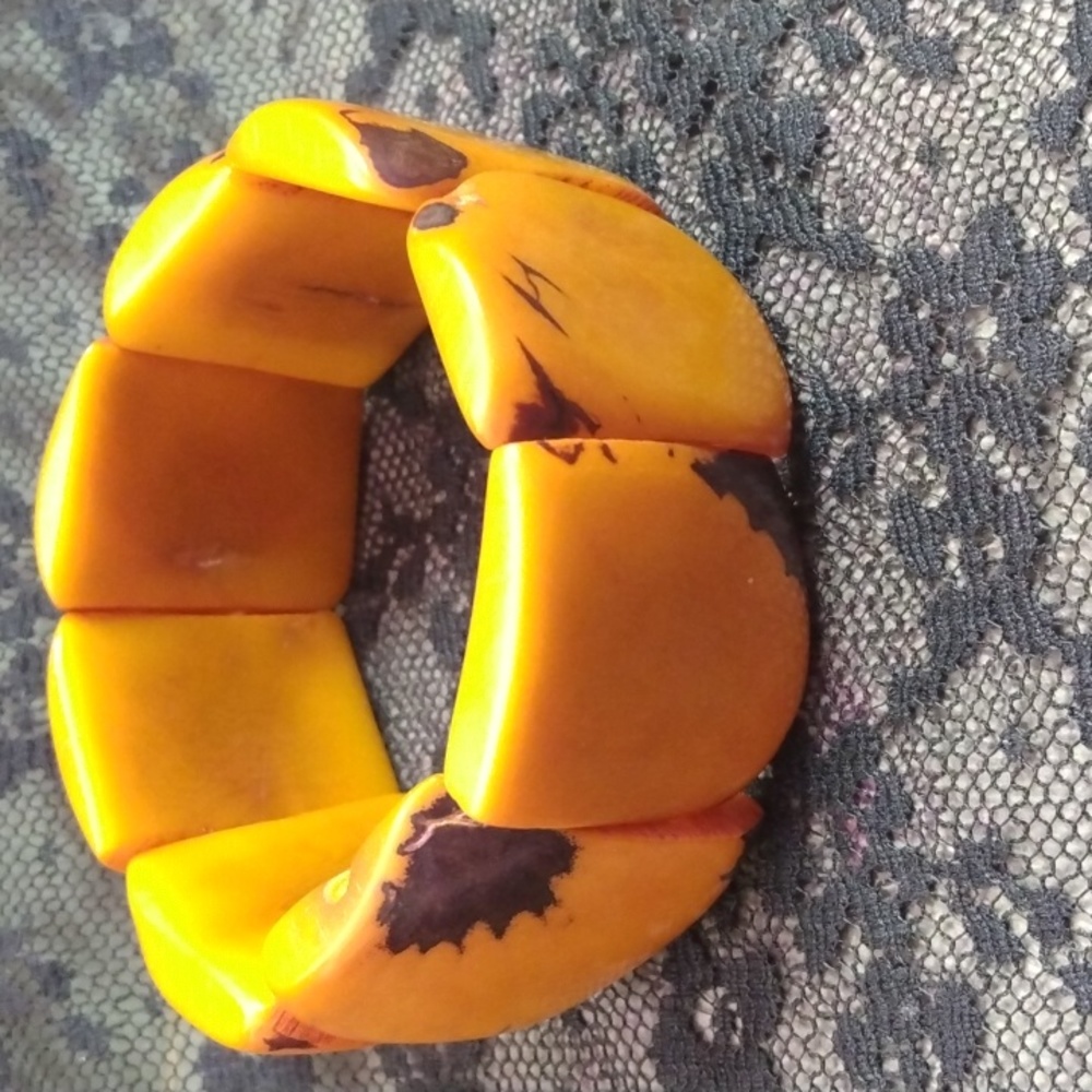 Artisan Tagua Nut Stretch Bracelet Handmade in Ecuador | Yellow/Brown